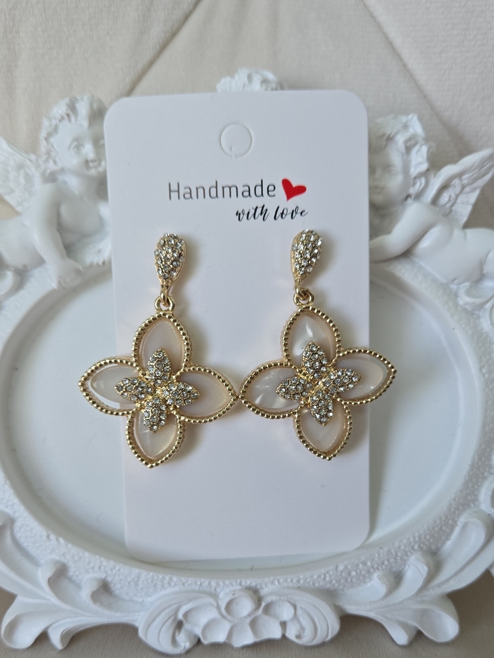 Gold Floral Clover Drop Earrings W/ Crystal Accents, NWT